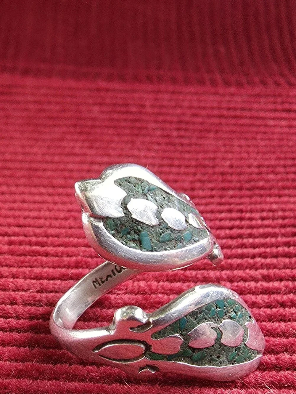 Taxco Vintage Crushed Turquoise Sterling Silver Bypass Ring 925 Size 7